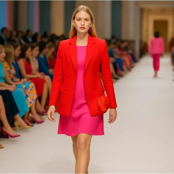 Modella in abiti rosa e rossi in passerella